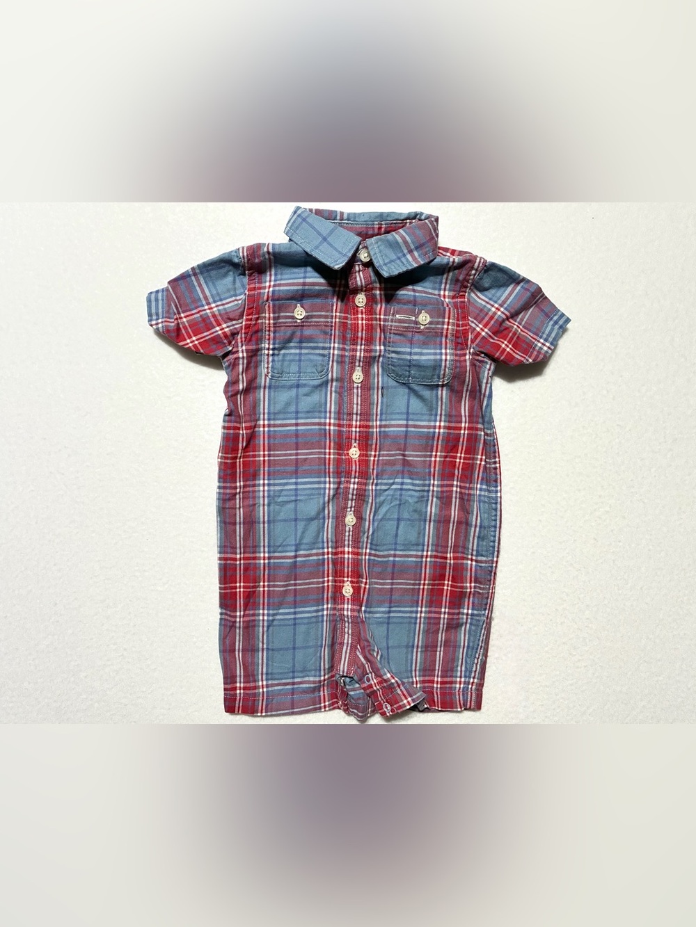 Ralph Lauren Baby Romper Blue And Red Plaid Pattern Short Sleeves Size 9M